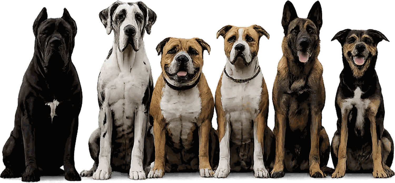 Cães de grande porte treinados no CT Big Dog: Cane Corso, Dogue Alemão, American Staffordshire Terrier, Pastor Belga Malinois e vira-lata